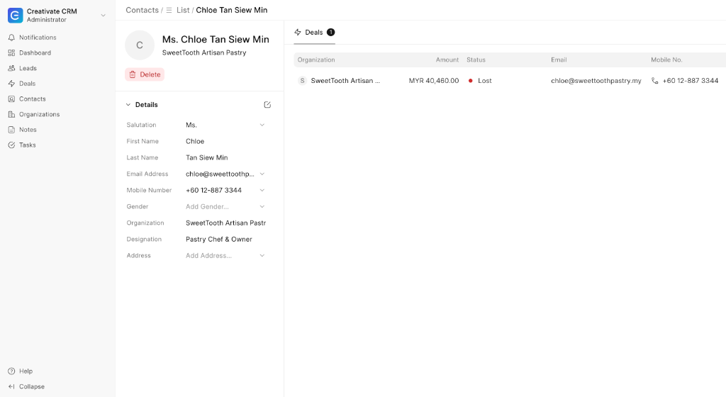 Creativate CRM Contact History Detail